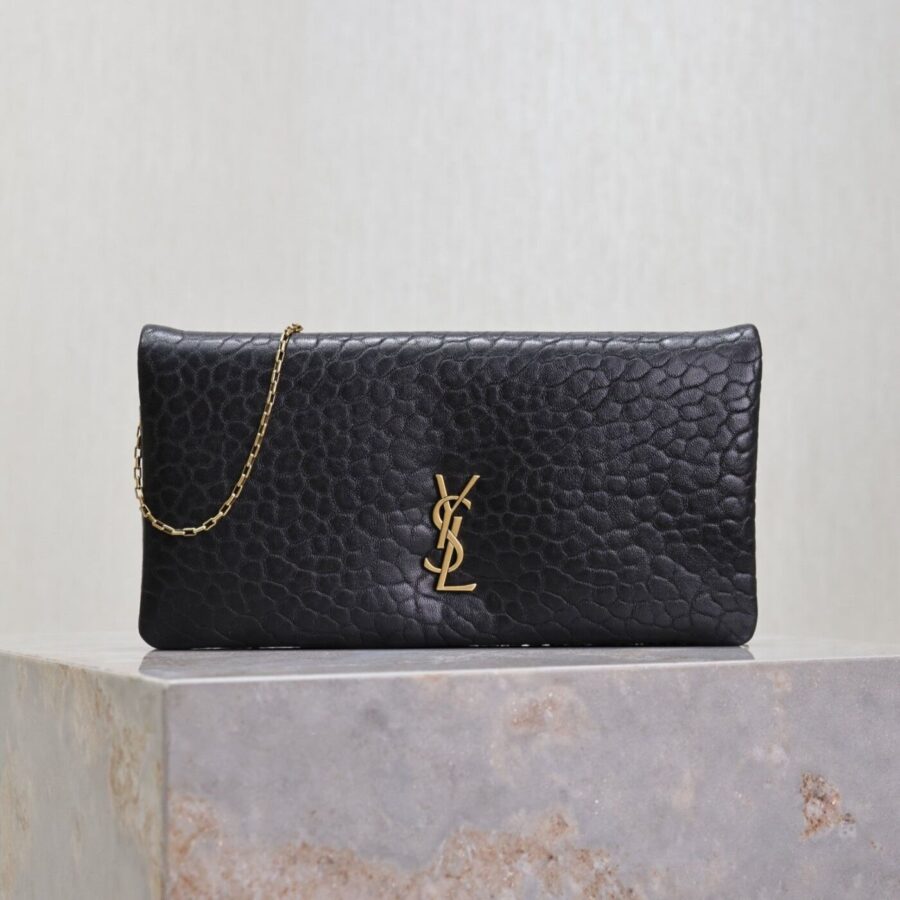 CALYPSO POUCH 24 IN BLACK ELEPHANT TEXTURED LAMBSKIN GOLD LOGO | Studio Nafay