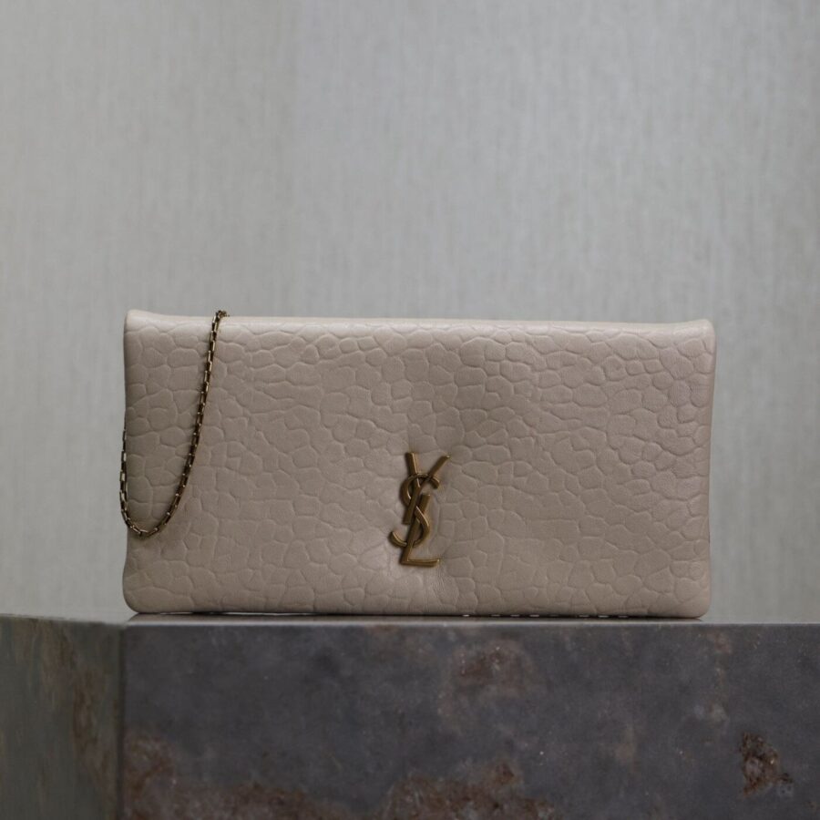 CALYPSO POUCH 24 IN WHITE ELEPHANT TEXTURED LAMBSKIN GOLD LOGO | Studio Nafay