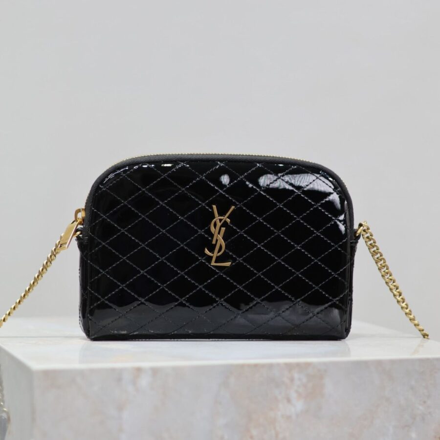 GABY ZIPPED POUCH 19 IN BLACK GLOSSY LAMBSKIN GOLD HARDWARE | Studio Nafay