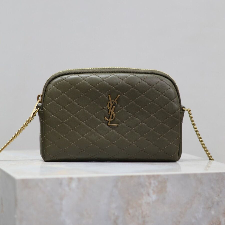 GABY ZIPPED POUCH 19 IN UNIFORM GREEN QUILTED LAMBSKIN GOLD HARDWARE | Studio Nafay
