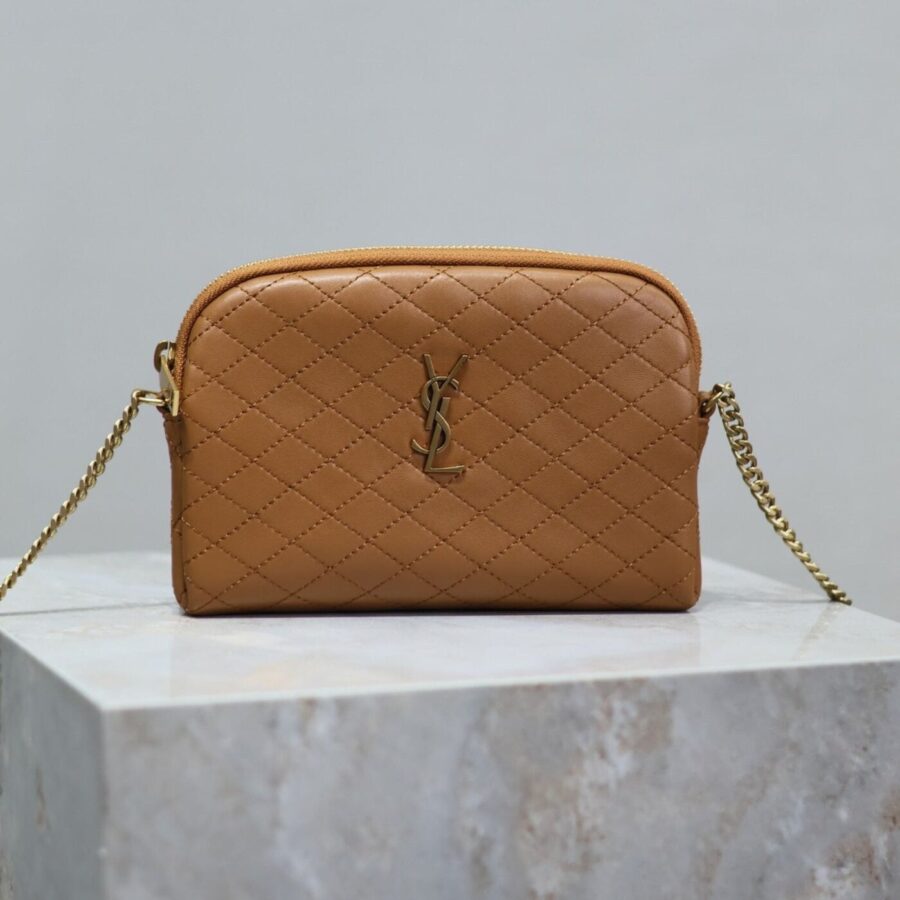 GABY ZIPPED POUCH 19 IN CARAMEL BROWN QUILTED LAMBSKIN GOLD HARDWARE | Studio Nafay