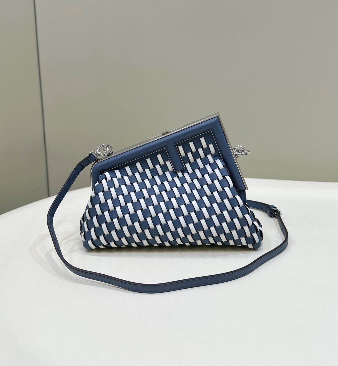 Fendi 26 First Small IN Midnight BLUE MIX White Calfskin Silver Har…