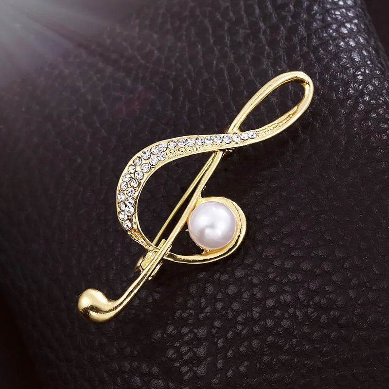 Simple Crystal Musical Note Pearl Brooches for Women