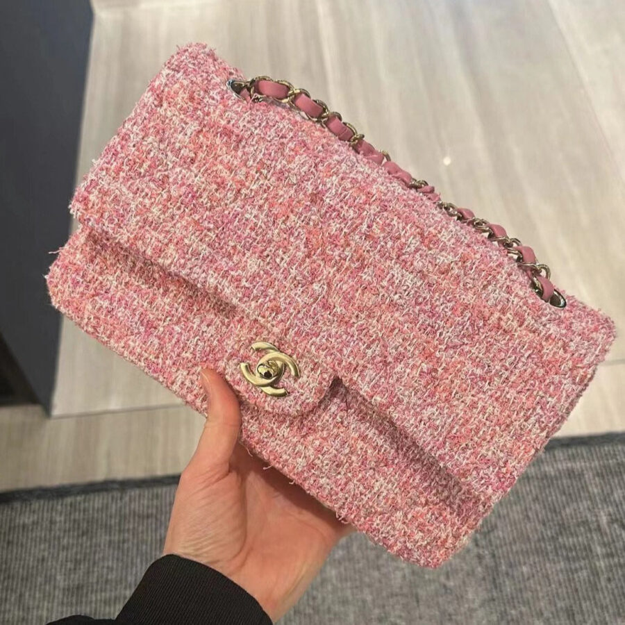 flap bag medium 25 pink tweed silver hardware | Studio Nafay
